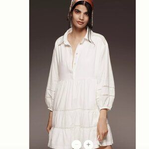 Anthropologie - Bettina Linen Blend Tiered Mini Shirt Dress by Maeve White - M
